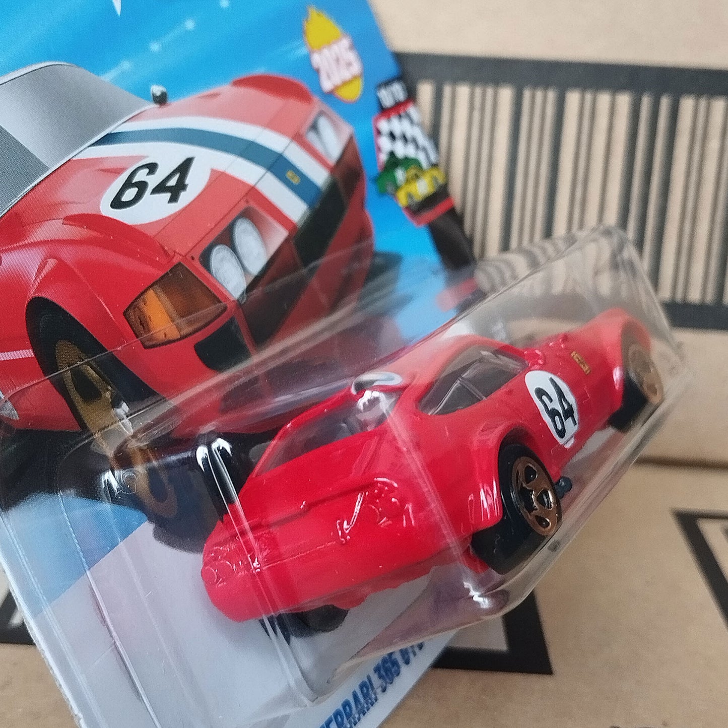 Hot Wheels Ferrari 365 GTB4 Competizione diecast 1/64 vintage racing car model in original packaging back-side view