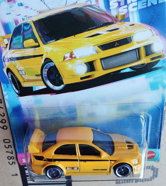 Hot Wheels Mitsubishi Lancer Evolution VI 90s Street Scene 1/64 diecast model close up view in original packaging