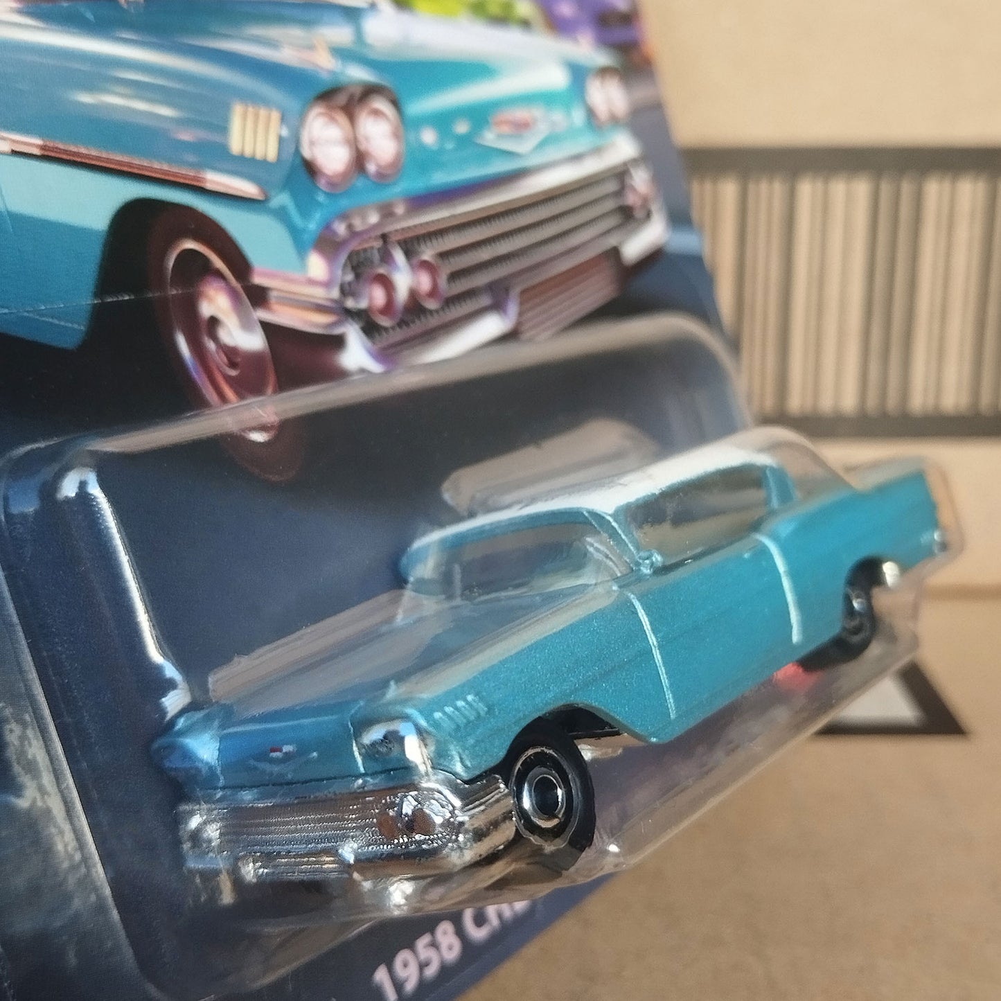 Matchbox 1958 Chevrolet Impala Diecast 1/64 Scale Model Car in the blister - close front view
