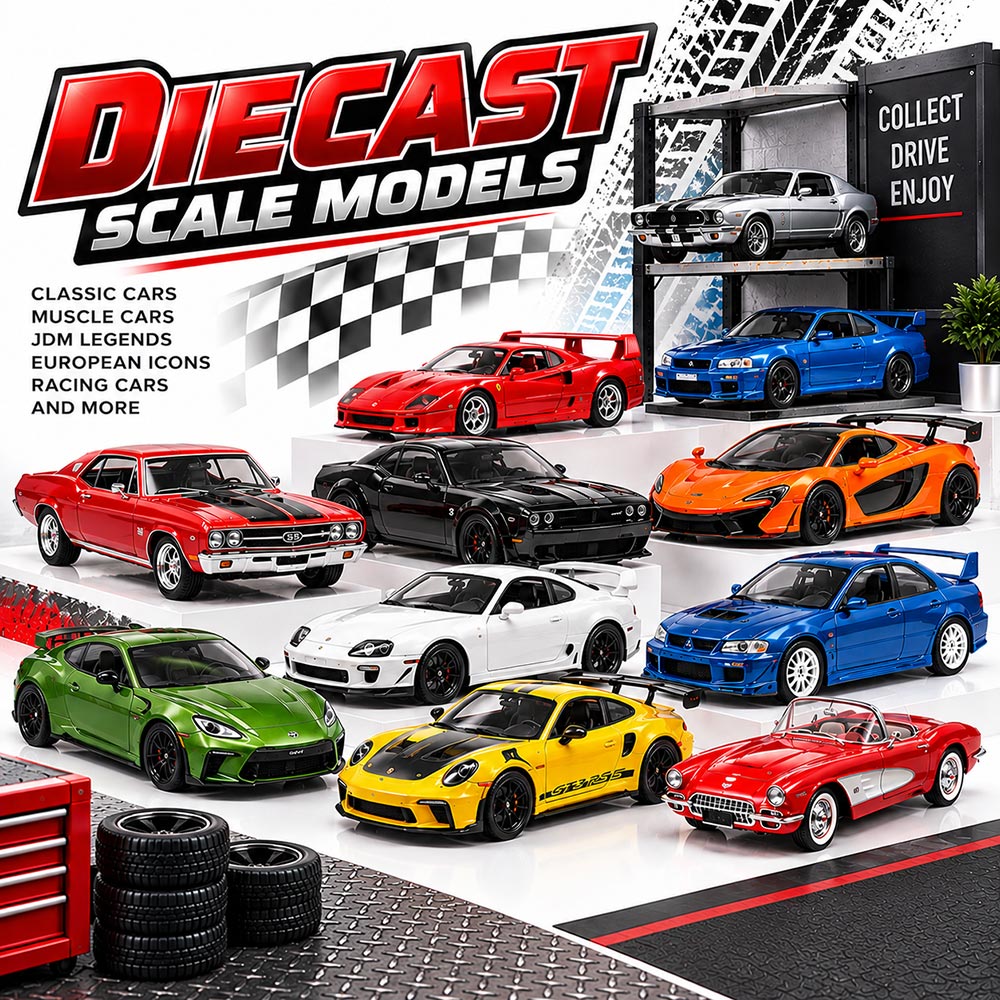Diecast scale car models collection featuring classic cars, muscle cars, JDM, European sports cars and racing cars