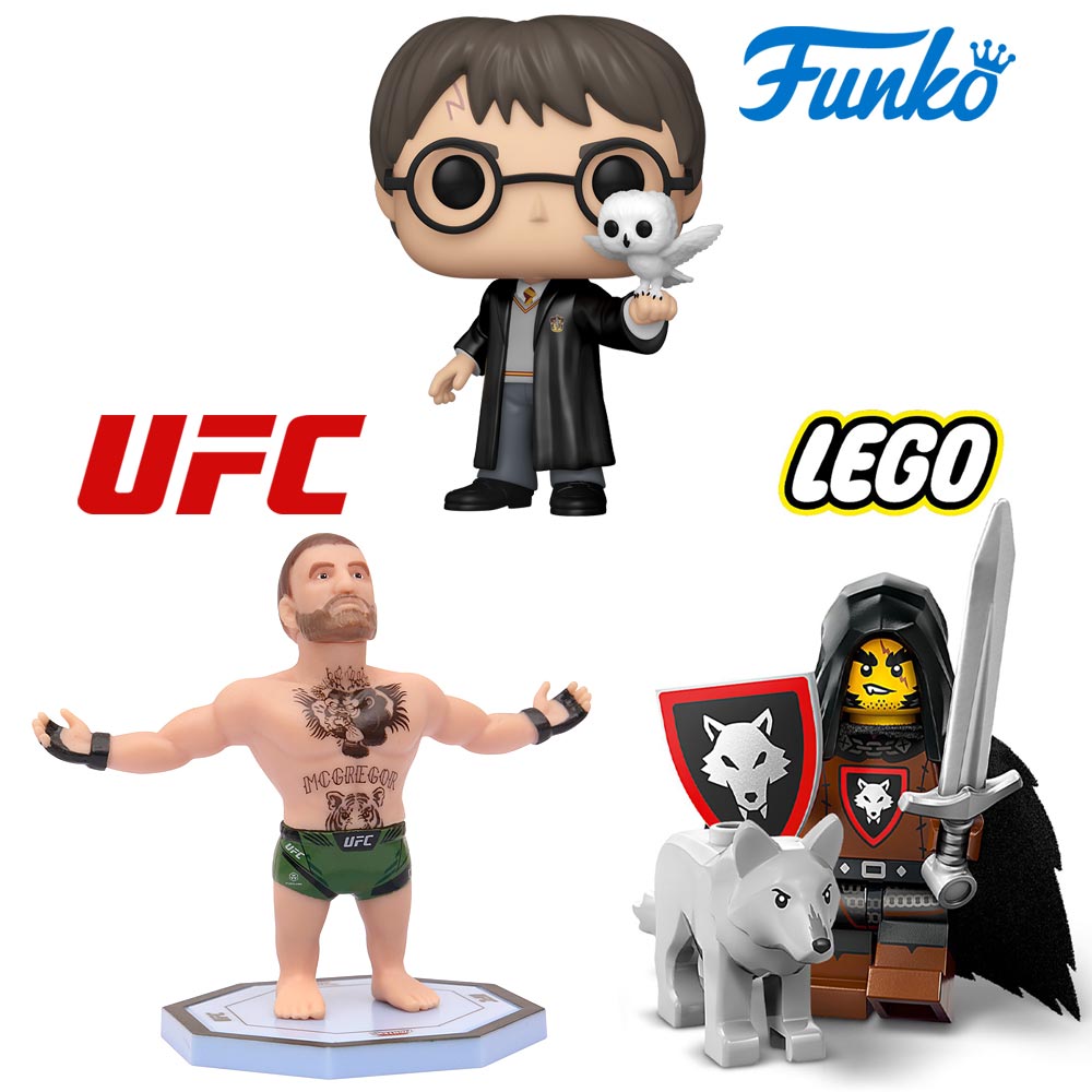 Collectible figures category image featuring Funko Pop wizard figure, UFC fighter figure, and LEGO knight minifigure with wolf.
