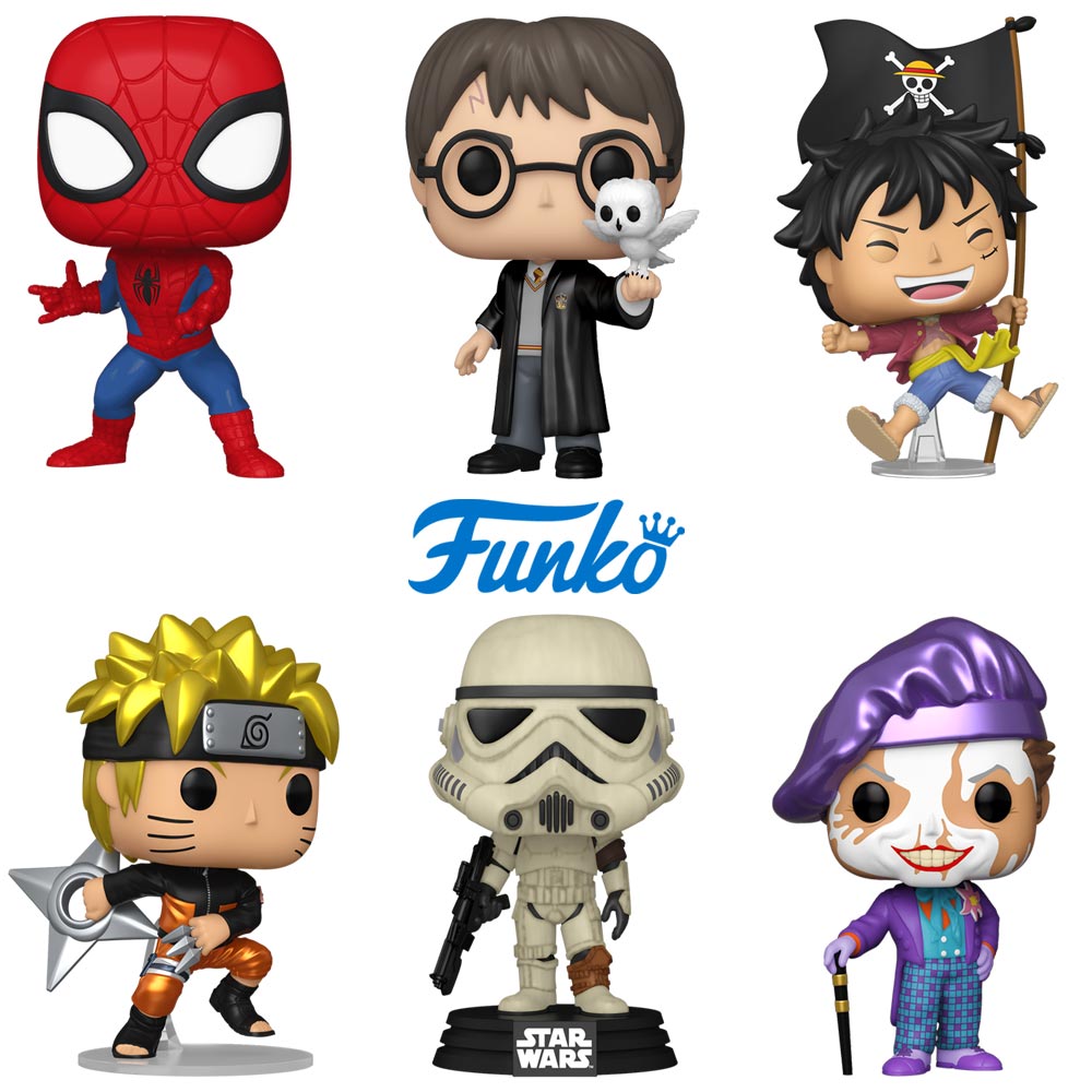 Funko Pop Vinyl Figures category image featuring Spider-Man, wizard, anime pirate, Naruto, Star Wars trooper, and Joker collectible figures.