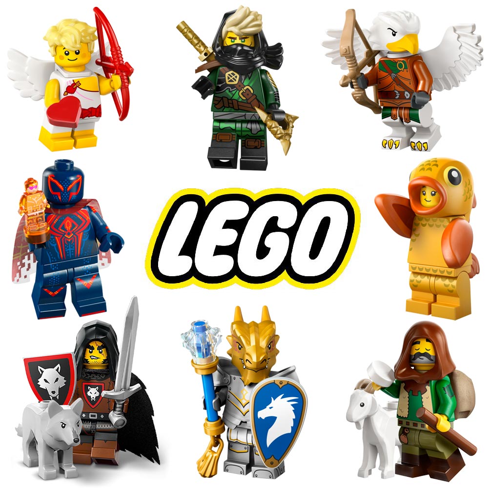 LEGO Minifigures category image featuring fantasy warriors, angel cupid, eagle archer, knight, dragon warrior, ranger, and collectible LEGO characters.