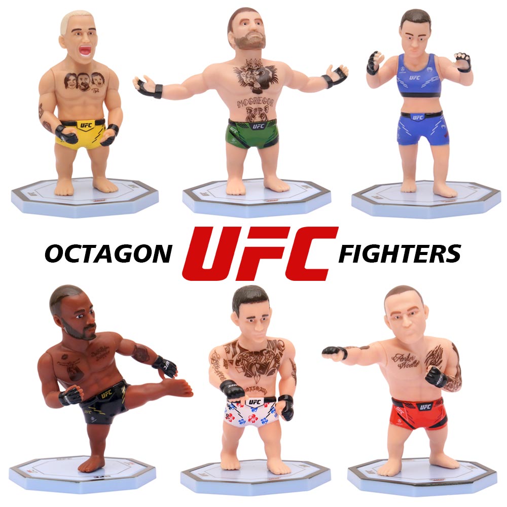 UFC collectible fighter figures collage featuring six MMA champion mini figures with Octagon UFC Fighters