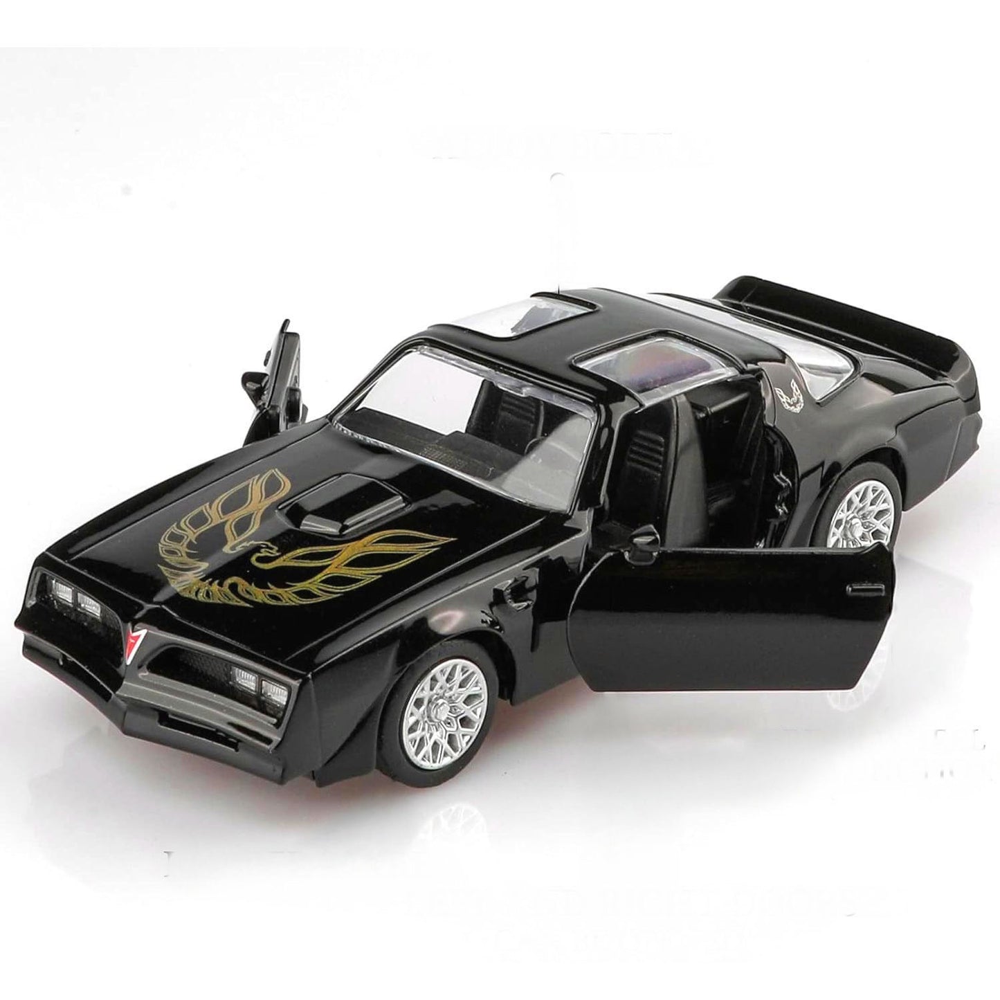 1978 pontiac firebird  black diecast muscle car  model with open doors - front view