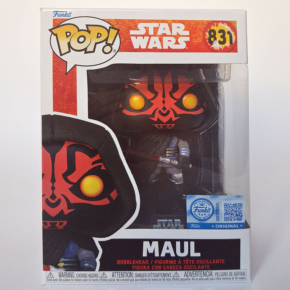 Funko Pop Darth Maul #831 Star Wars vinyl bobblehead with red lightsaber in box collectible.