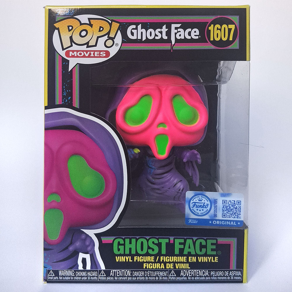 Funko Pop Ghost Face #1607 neon blacklight vinyl figure from Scream horror movie collectible in box.
