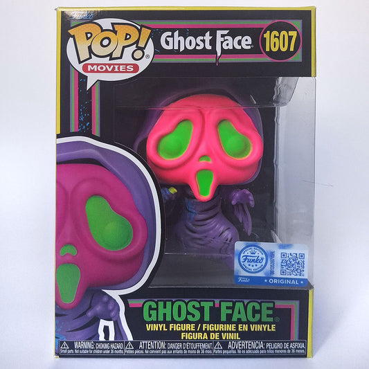 Funko Pop Ghost Face #1607 neon blacklight vinyl figure from Scream horror movie collectible in box.