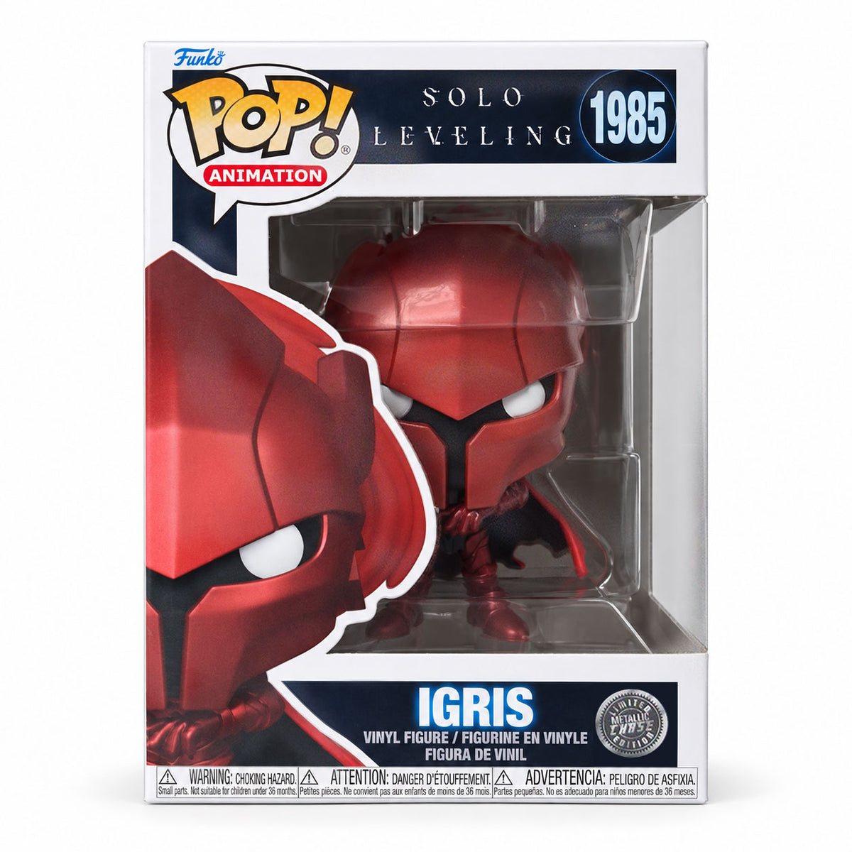 Funko Pop! Animation vinyl figure of Solo Leveling's Igris from 1985, displayed inside its original retail packaging against a white background.