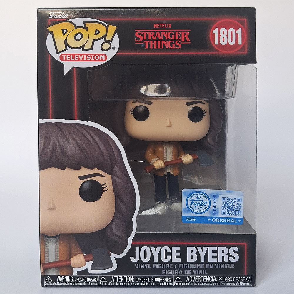 Funko Pop Joyce Byers #1801 Stranger Things vinyl figure holding axe in box collectible.