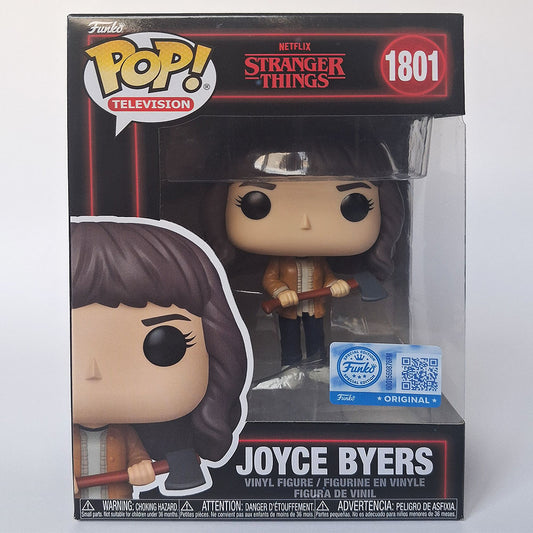 Funko Pop Joyce Byers #1801 Stranger Things vinyl figure holding axe in box collectible.