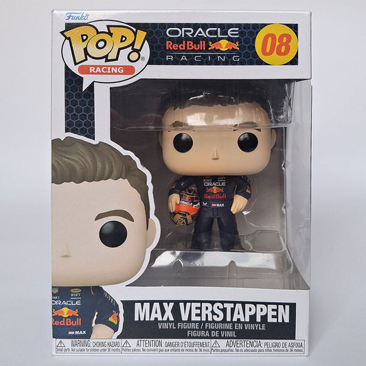 Funko Pop Max Verstappen #08 Oracle Red Bull Racing vinyl figure in box Formula 1 collectible.