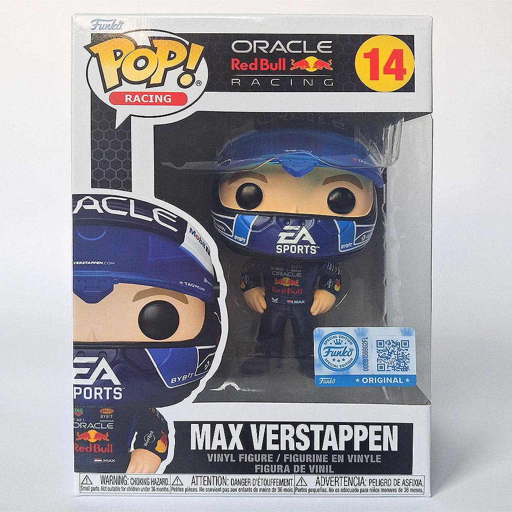 Funko Pop Max Verstappen #14 Helmet Edition Oracle Red Bull Racing vinyl figure in box Formula 1 collectible.