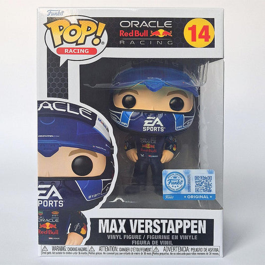 Funko Pop Max Verstappen #14 Helmet Edition Oracle Red Bull Racing vinyl figure in box Formula 1 collectible.