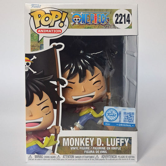 Funko Pop Monkey D Luffy #2214 One Piece vinyl figure with pirate flag in box anime collectible.