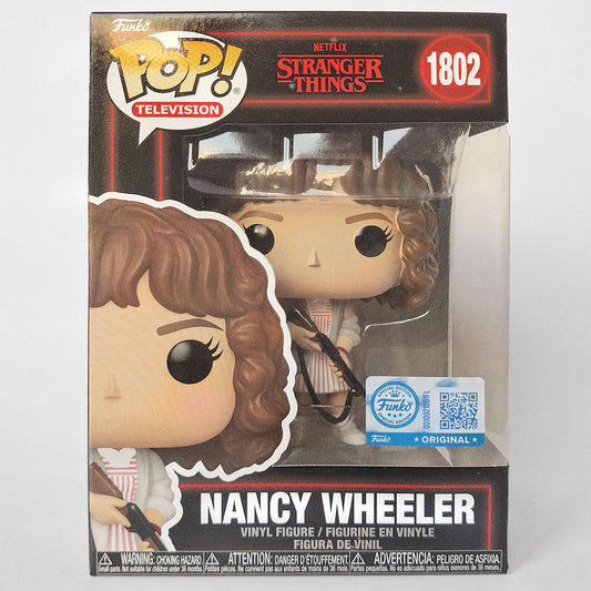 Funko Pop! Television Nancy Wheeler vinyl figure from Stranger Things, number 1802, in its original retail packaging. The box features a clear window showing the stylized vinyl figure with brown curly hair and a striped shirt, alongside character graphics and branding.