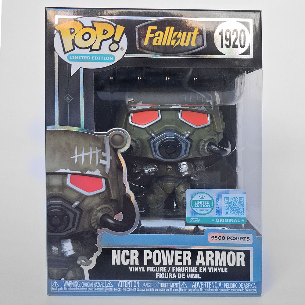 Funko Pop NCR Power Armor #1920 Limited Edition Fallout vinyl figure in original window display box, limited to 9,500 pieces worldwide.