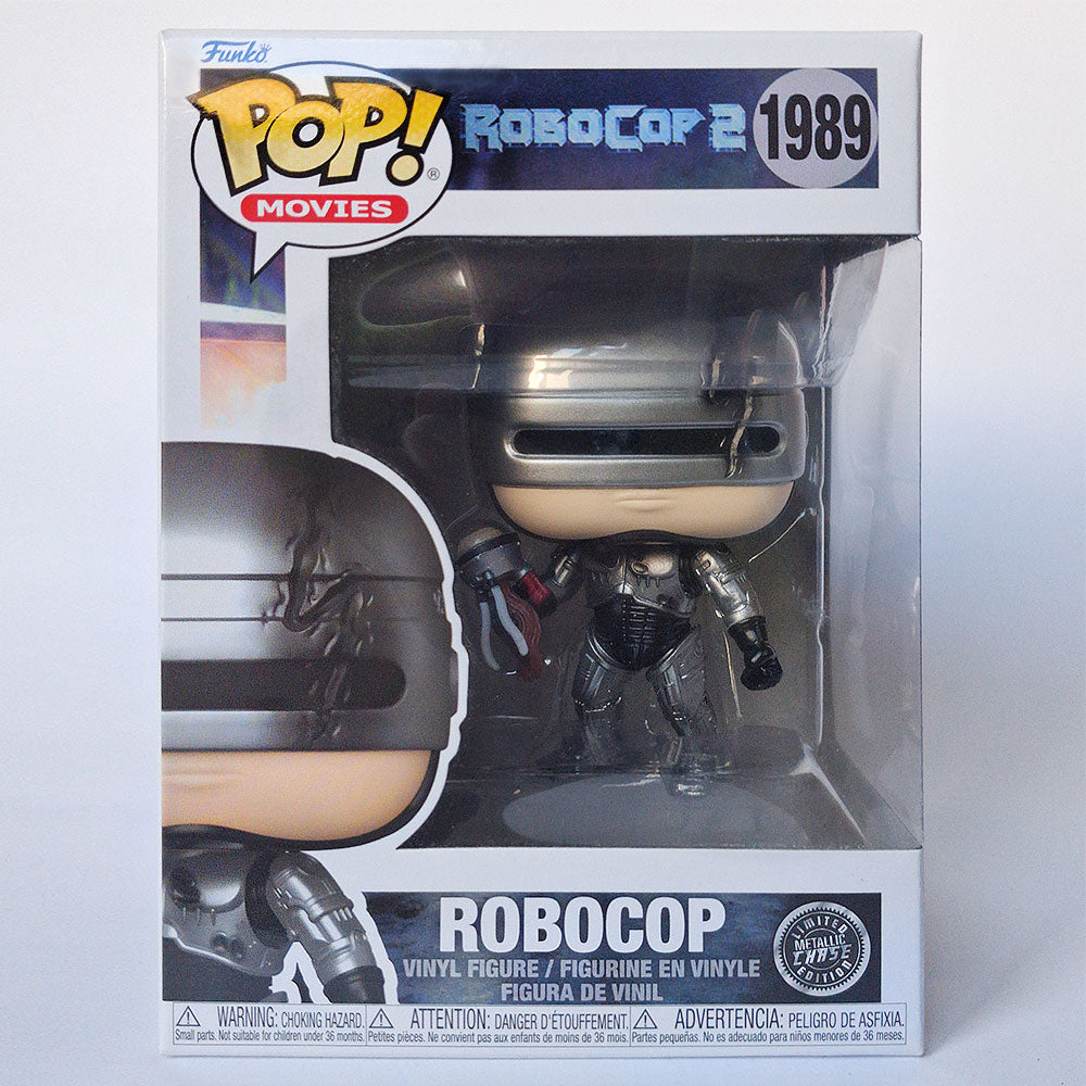 Funko Pop! Movies RoboCop 2 Chase vinyl figure in its original window box packaging, featuring the character in silver and black armor with a beige face.