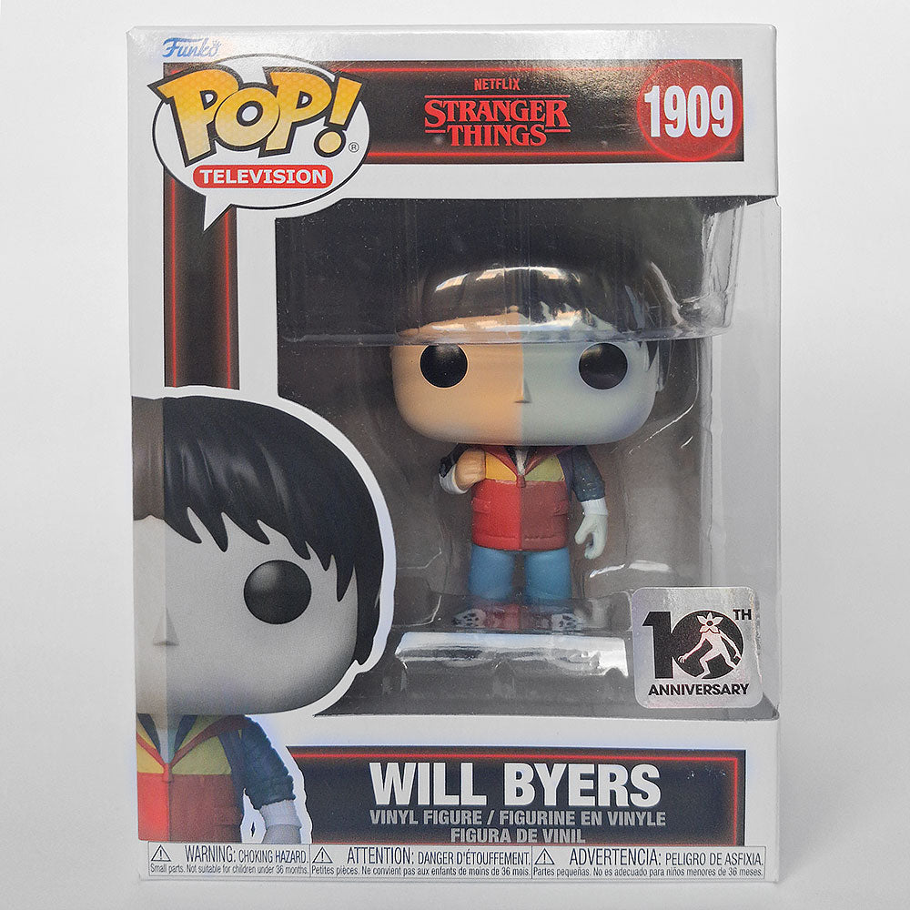 Funko Pop! Television Will Byers vinyl figure from Stranger Things, number 1909, celebrating its 10th Anniversary. The figure is shown inside its original window box packaging, featuring character artwork and a 10th Anniversary sticker.