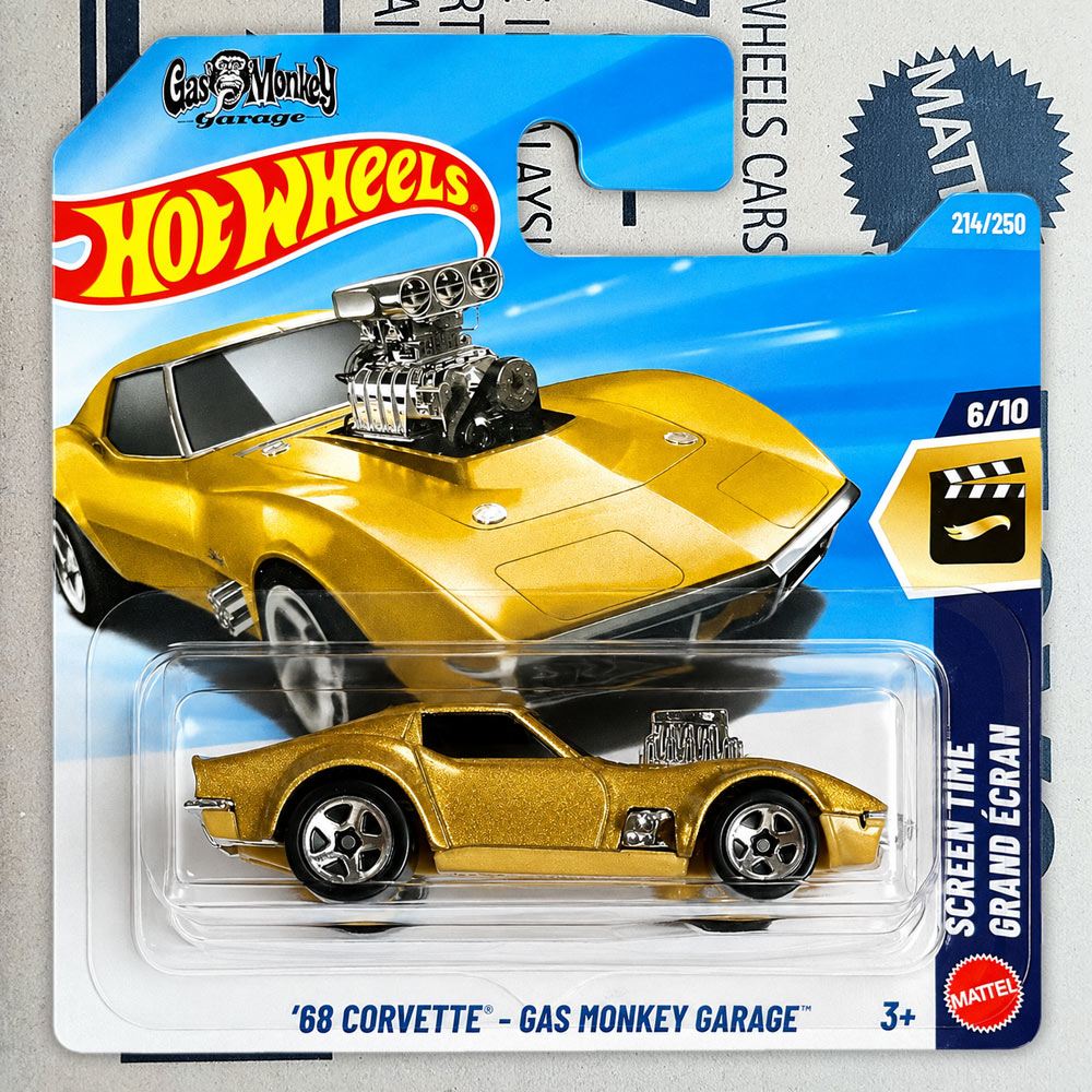 Mattel Hot Wheels die-cast toy car in its original blister packaging, featuring a metallic gold '88 Corvette with a supercharged engine setup.