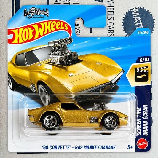 Mattel Hot Wheels die-cast toy car in its original blister packaging, featuring a metallic gold '88 Corvette with a supercharged engine setup.