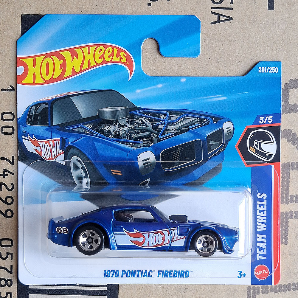 Hot Wheels 1970 Pontiac Firebird die-cast toy car in its original blister card packaging, featuring a blue car with red and white racing decals.
