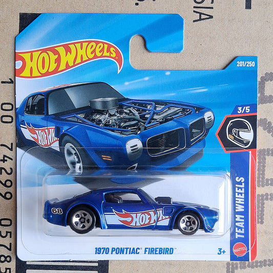 Hot Wheels 1970 Pontiac Firebird die-cast toy car in its original blister card packaging, featuring a blue car with red and white racing decals.