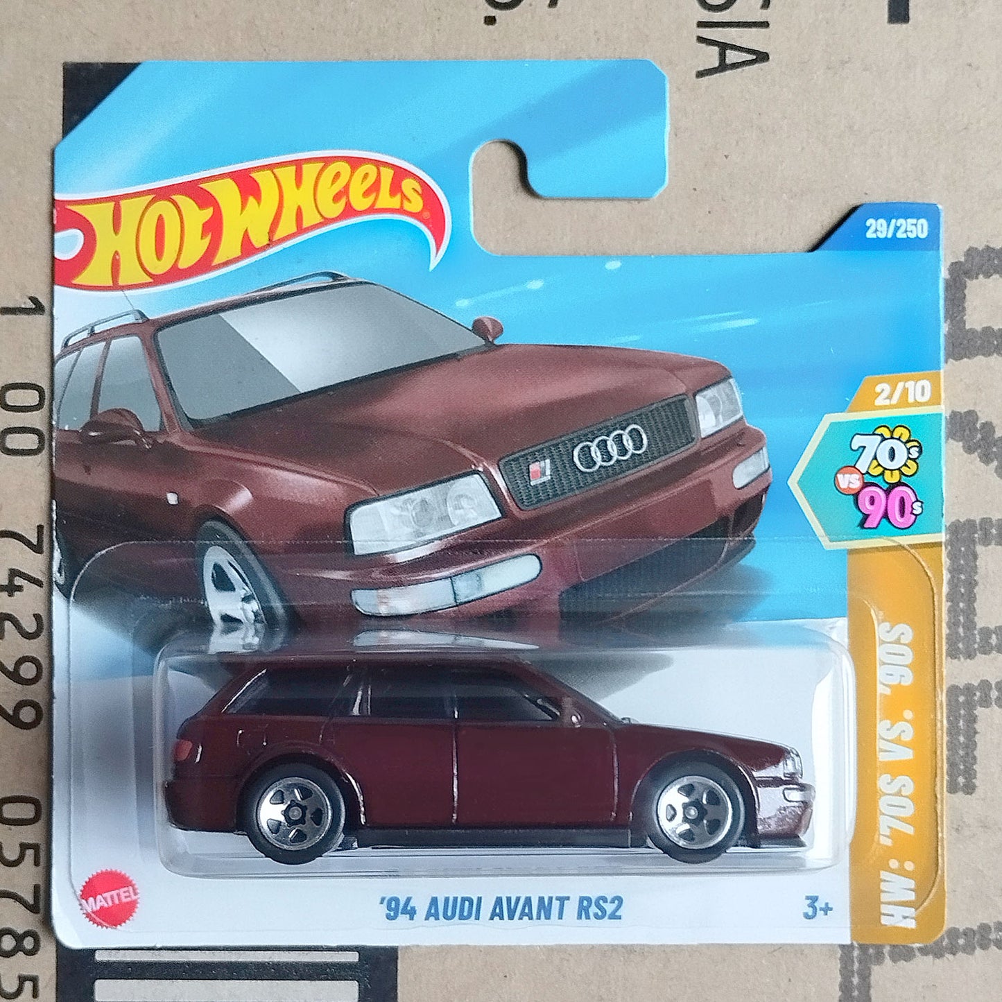 Hot Wheels '94 Audi Avant RS2 deep red color toy car in packaging