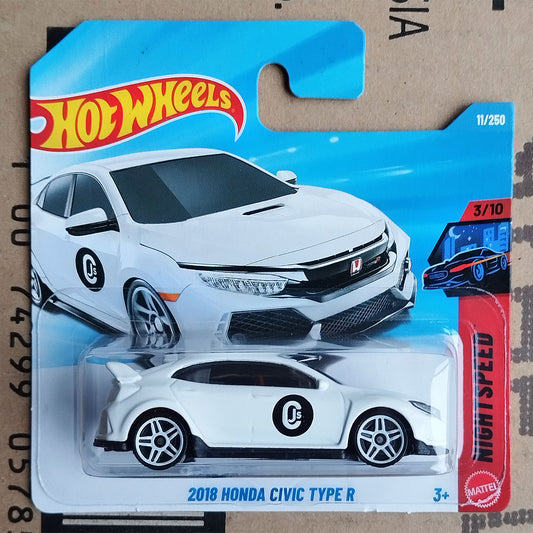 Hot Wheels 2018 Honda Civic Type R die-cast toy car in its original blister packaging, featuring a white car model with a black circular 'C' decal on the side.