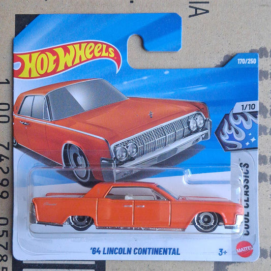 Hot Wheels ’64 Lincoln Continental orange Custom Classics die-cast collectible car in sealed blister packaging.