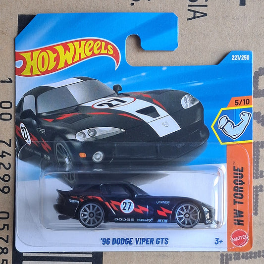 Hot Wheels Mattel '96 Dodge Viper GTS die-cast toy car in its original blister card packaging, featuring a black and white car with red racing stripes.