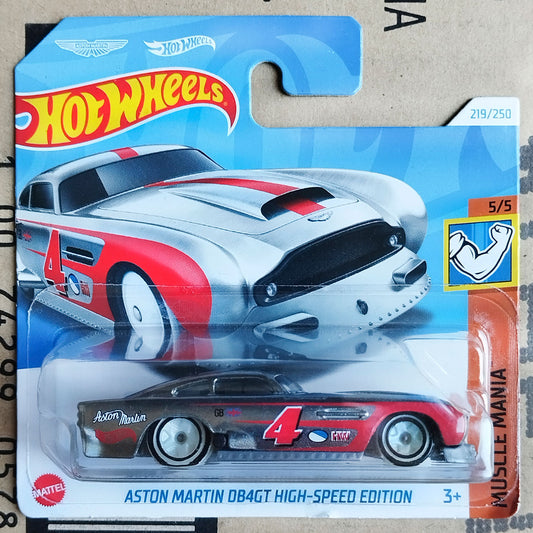 Hot Wheels Muscle Mania Aston Martin DB4GT High-Speed Edition die-cast toy car in its original blister card packaging, featuring a silver and red car design with the number 4.