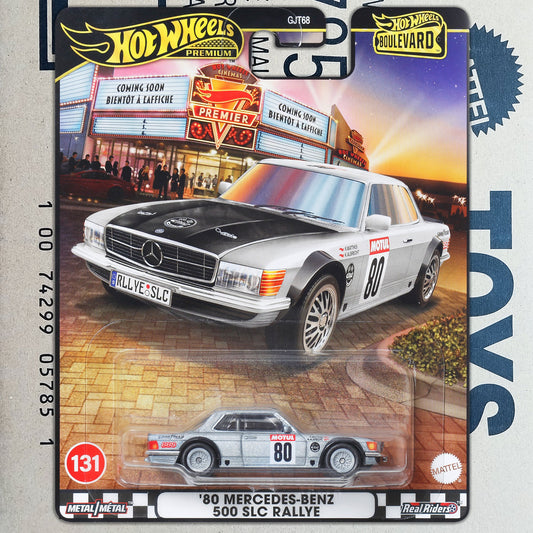 Hot Wheels Boulevard 1980 Mercedes-Benz 500 SLC Rallye premium die-cast model in original packaging