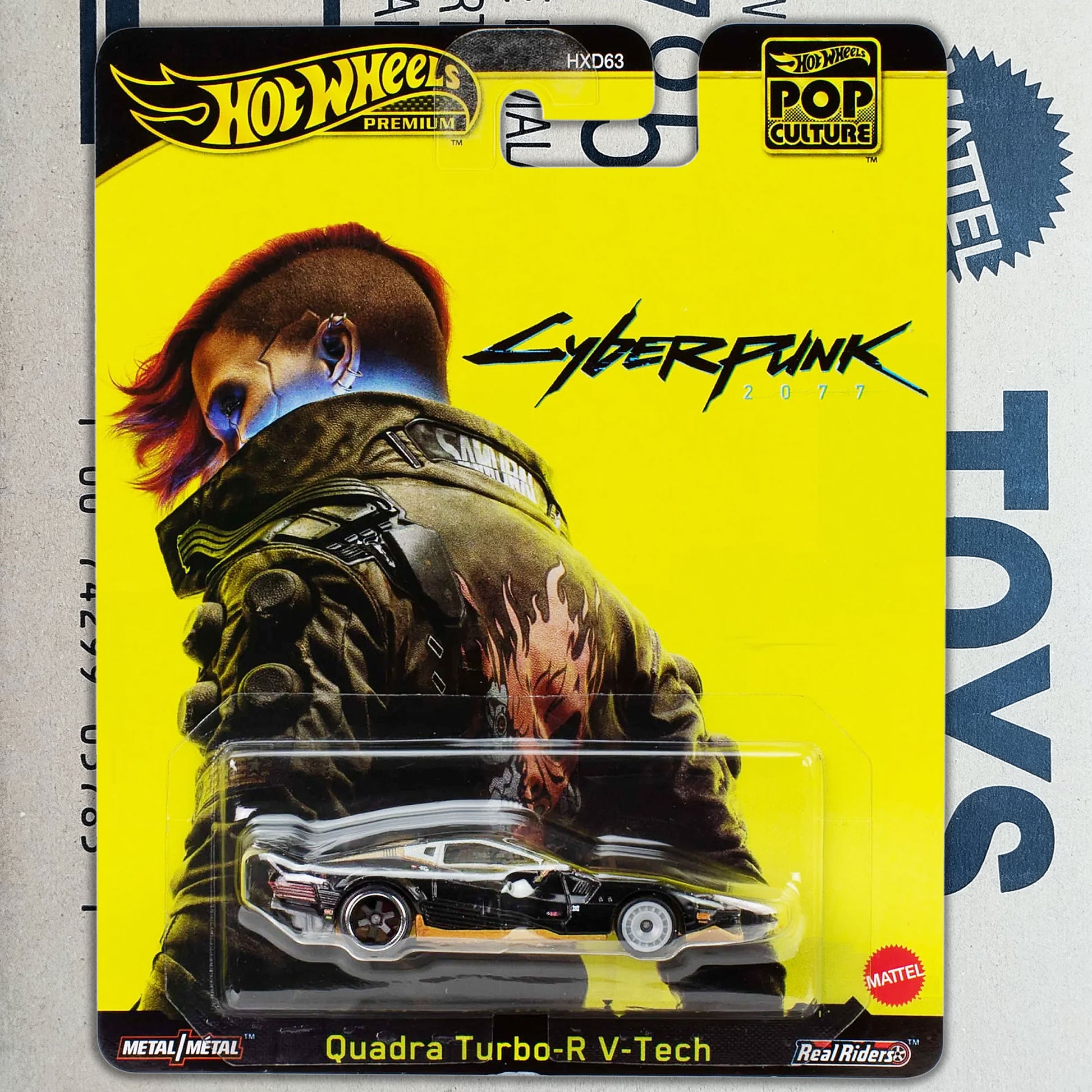 Hot Wheels Cyberpunk 2077 Quadra Turbo-R V-Tech 1/64 diecast car from Pop Culture series in factory sealed packaging with yellow card art