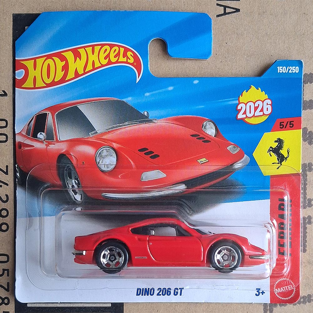 Hot Wheels Mattel die-cast toy car of the Ferrari Dino 206 GT, model number 2026, in its original blister packaging.