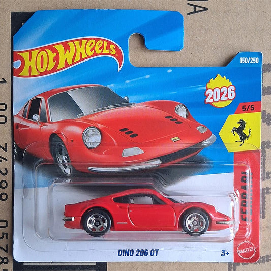 Hot Wheels Mattel die-cast toy car of the Ferrari Dino 206 GT, model number 2026, in its original blister packaging.