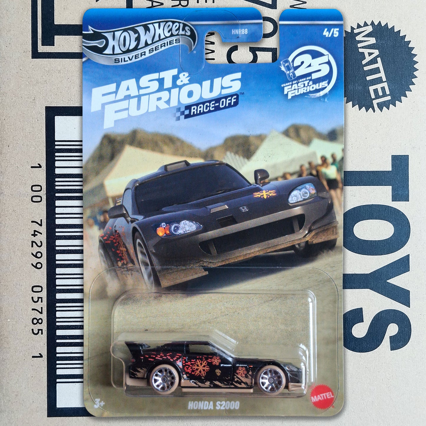 Hot Wheels Silver Series Fast & Furious Race-Off Honda S2000 die-cast toy car in its original carded packaging, displayed on top of a cardboard box.