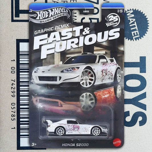 Hot Wheels Fast & Furious toy car packaging with a white car design on a textured background.