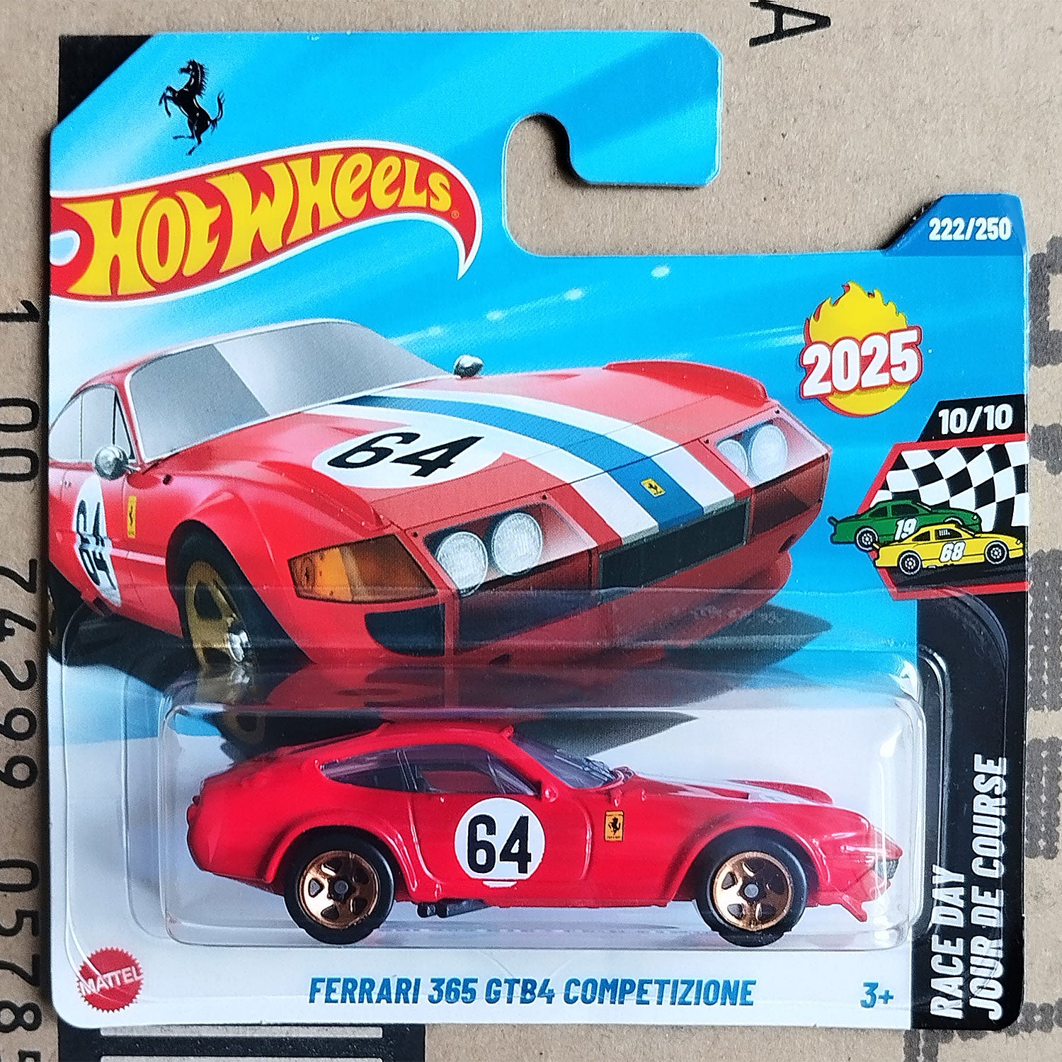 Hot Wheels Ferrari 365 GTB4 Competizione toy car in packaging with Ferrari logo.