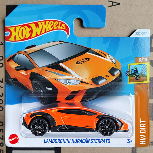 Hot Wheels Mattel Lamborghini Huracán Serrato toy car in its original blister card packaging, featuring an orange and black die-cast model car.