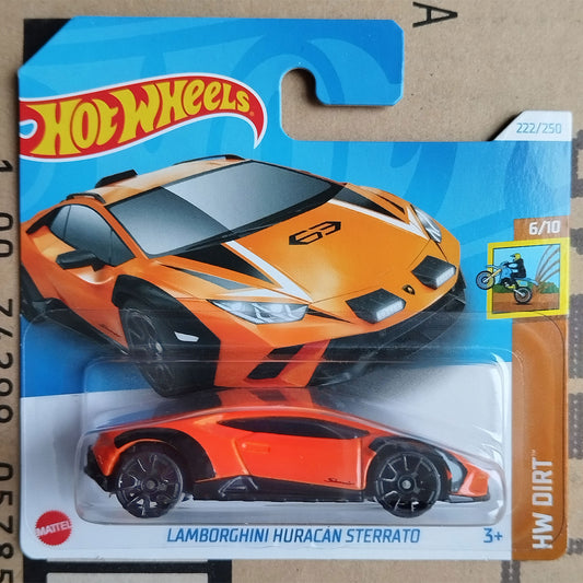 Hot Wheels Mattel Lamborghini Huracan Sterrato HW Dirt toy car in its original blister card packaging, featuring an orange and black sports car design.