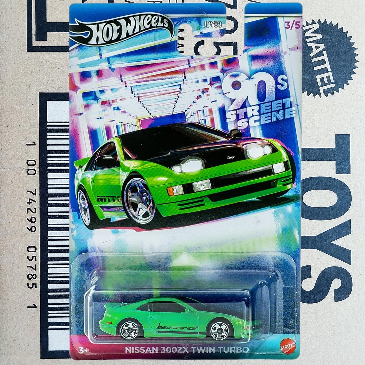 A Hot Wheels 1995 Nissan 300ZX Twin Turbo toy car in its original blister packaging, displayed against a cardboard background with a barcode and a Mattel logo.