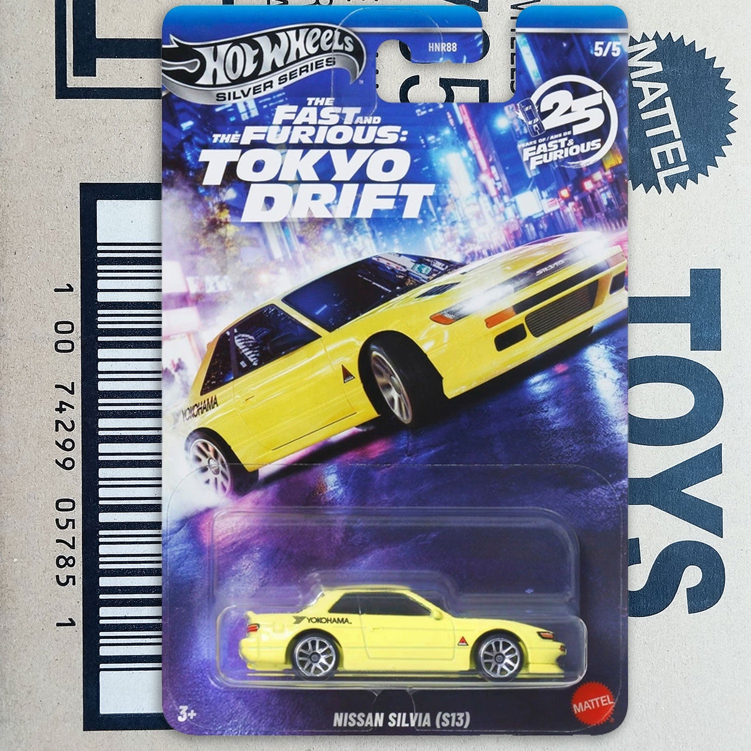 Hot Wheels Silver Series Fast and Furious Tokyo Drift Nissan Silvia (S15) die-cast toy car in its original packaging, displayed on a cardboard backing with a barcode.