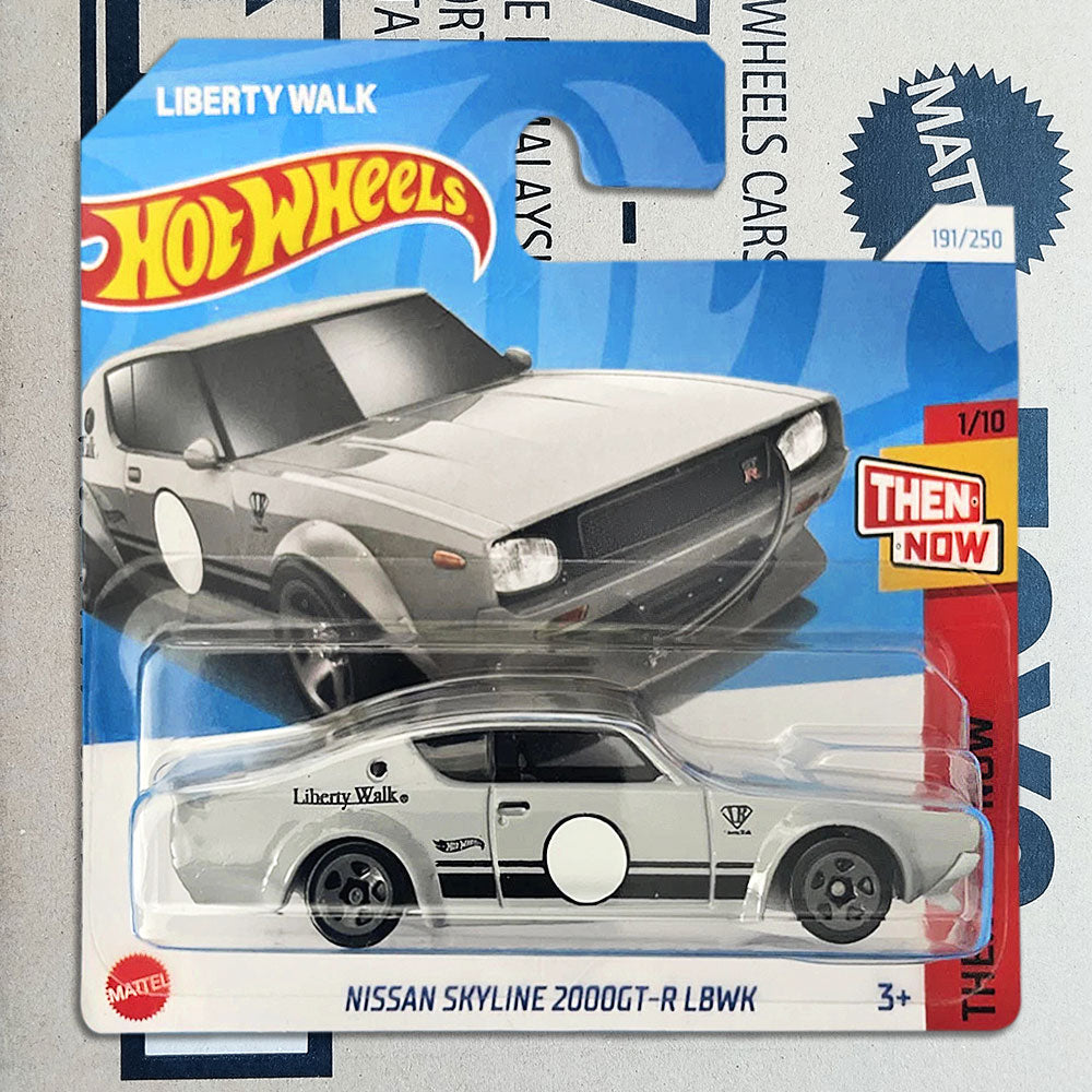 Hot Wheels Nissan Skyline 2000GT-R LBWK in grey with Liberty Walk widebody styling. Then and Now collectible Nissan, new in original packaging.