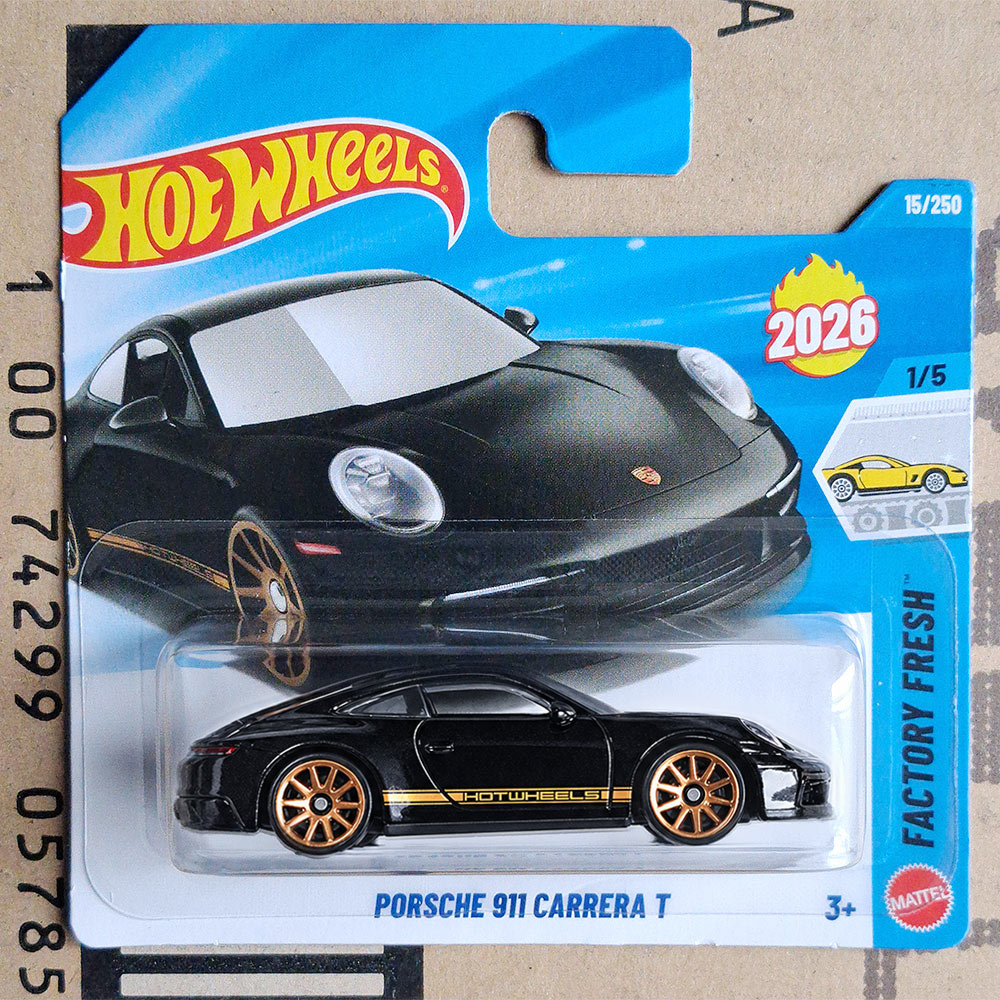 Hot Wheels 2026 Porsche 911 Carrera T die-cast toy car in its original blister card packaging, featuring a black car with gold wheels and decals.