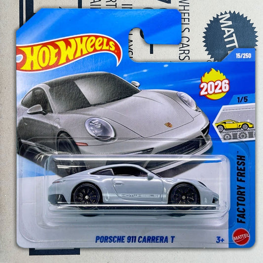 Hot Wheels Mattel 2026 Porsche 911 Carrera T die-cast toy car in its original blister card packaging, featuring a silver car design on a blue and white card.