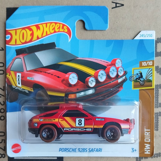 Hot Wheels die-cast toy car of a red and yellow Porsche 928S Safari, packaged on its original blue and white cardboard blister card.