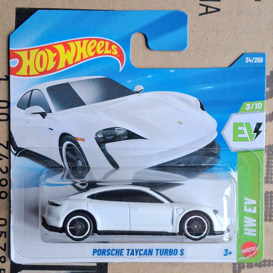 Hot Wheels die-cast toy car of the Porsche Taycan Turbo S, model number 34/250, in its original blister packaging. The packaging features a blue and white design with the iconic Hot Wheels logo.