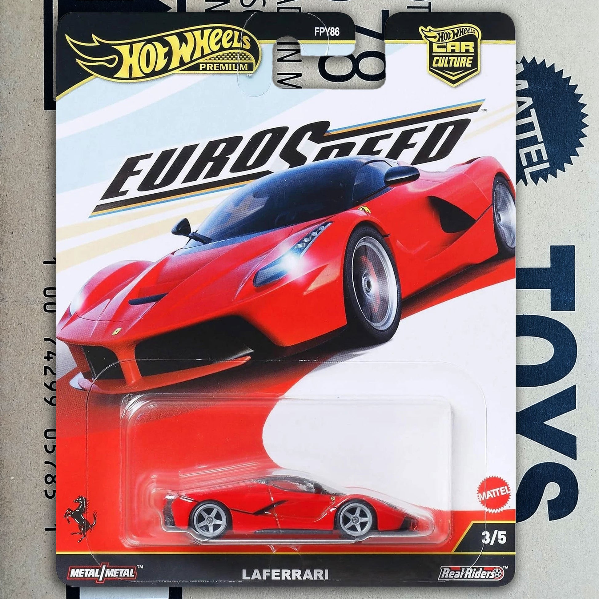 Hot Wheels Mattel EuroSpeed LAFerrari 3/5 scale die-cast toy car in its original blister card packaging, featuring a red sports car on a white and black card.