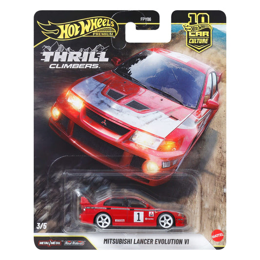 Hot Wheels Mitsubishi Lancer Evolution VI toy car in packaging with Hot Wheels branding.
